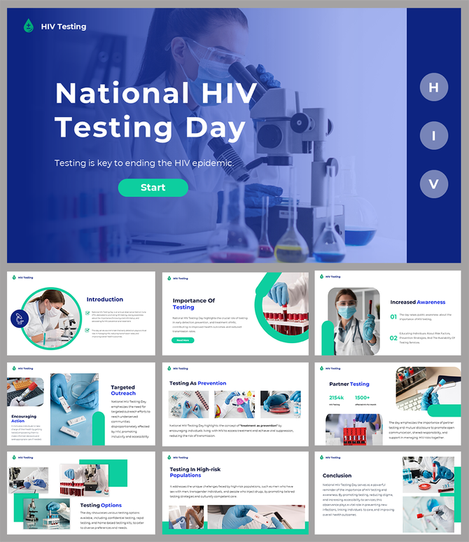 National HIV testing day slide deck with blue and green accents, focusing on testing, outreach, and prevention strategies.