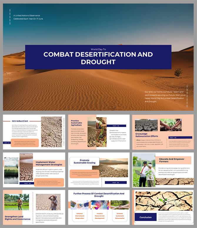 Desert landscape with a blue sky and text overlay about world day to combat desertification and drought.