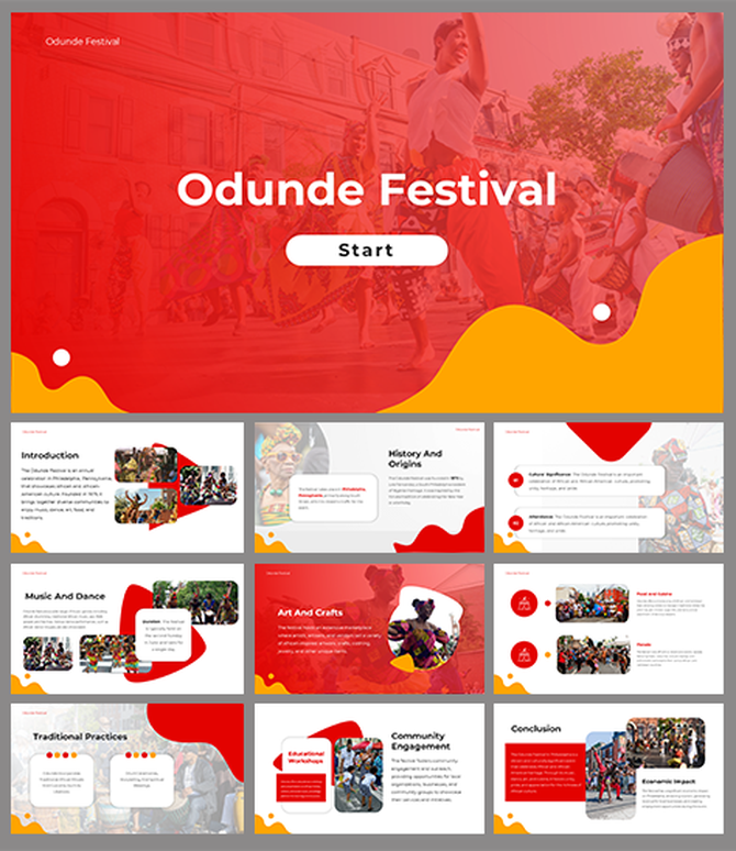 Odunde festival slide deck with red and yellow accents, featuring sections on history, music, art, and community engagement.