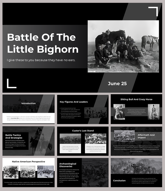 Battle of the little bighorn slides detailing the historical event with many sections highlighted by historical images.