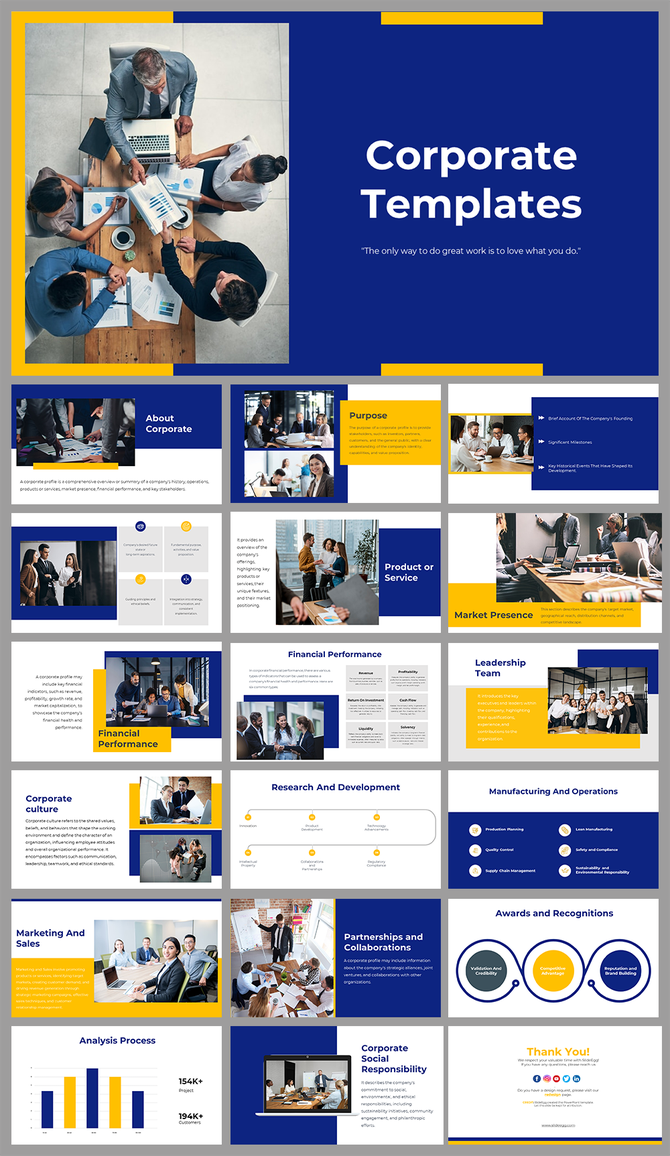 Corporate slide deck in blue and yellow,  with sections on market presence, performance, and research and development.