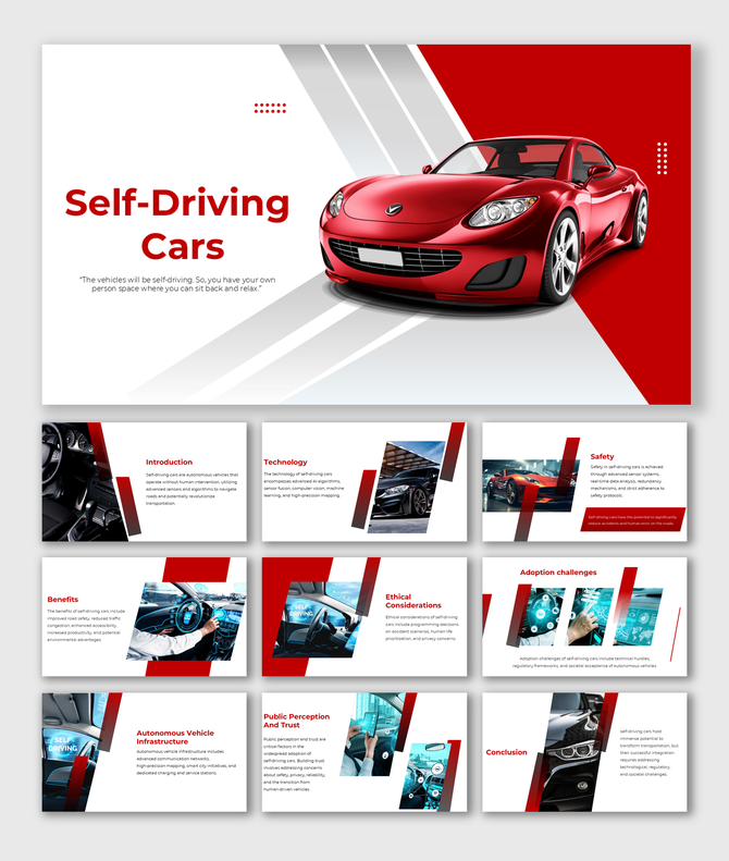Slide deck illustration of a red sports car in motion, set against a red and white  background with self-driving cars.