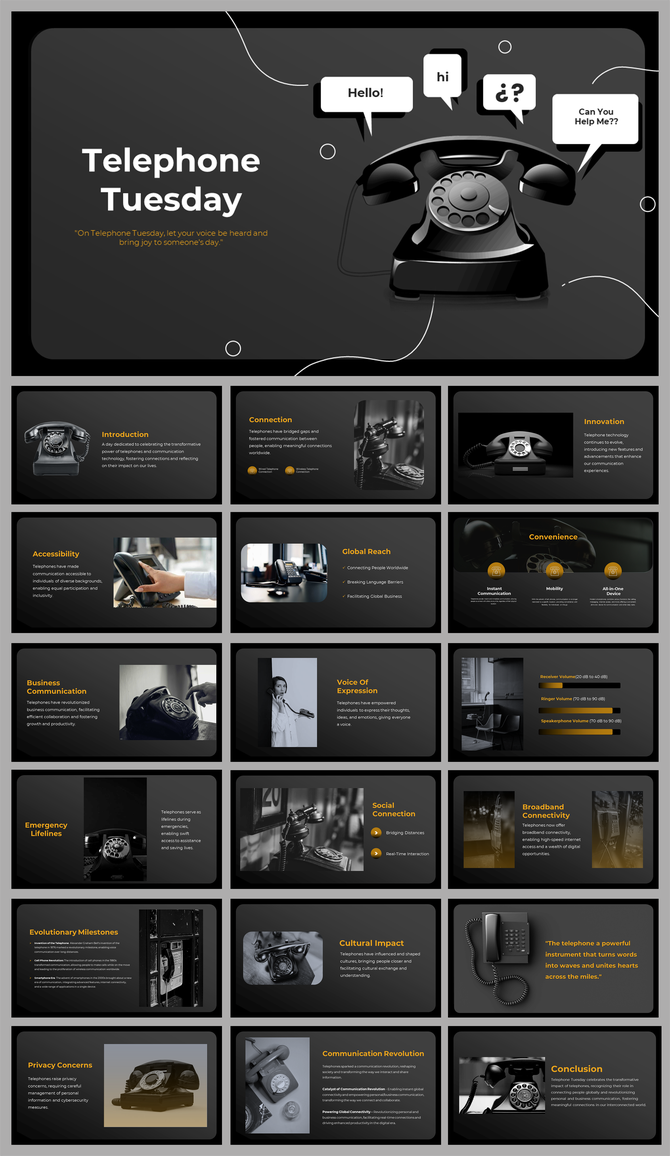 Slide deck featuring black and yellow color scheme, highlighting the evolution, impact, and use of telephones.