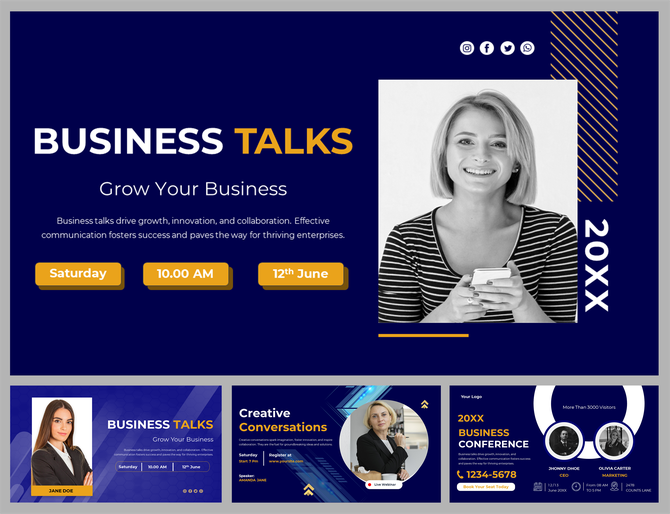 Business talks slides with a blue and yellow color scheme, featuring speaker photos, event details, and social media links.