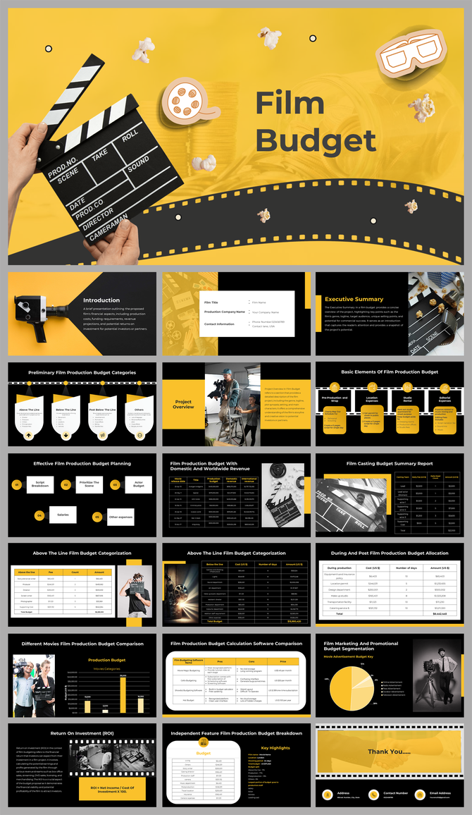 Slide deck featuring film related visuals such as cameras, clapperboards, and pie charts, with black and yellow accents.