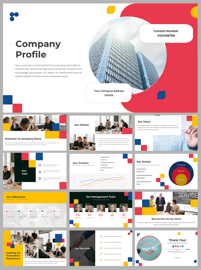 Professional company profile PPT slides showcasing mission, vision, services, and market insights with vibrant designs.