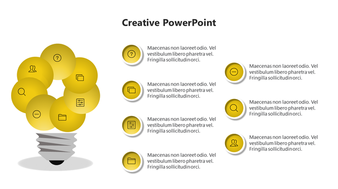 Yellow bulb design made from circular shapes with icons inside, and seven descriptive text aligned on the right.