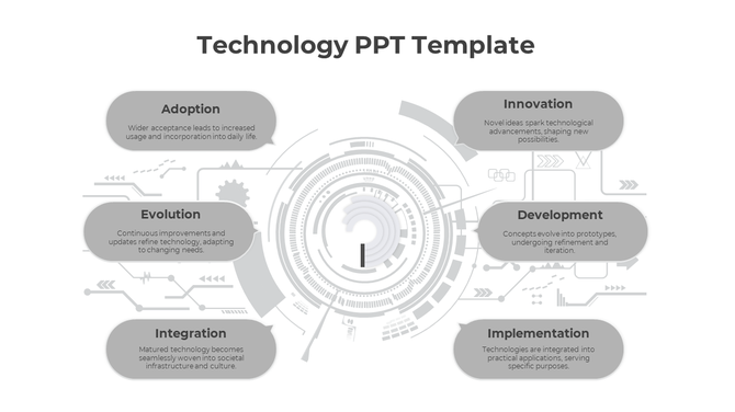 Gray-themed technology template showing six stages in a circular layout around a futuristic design, with descriptive text.