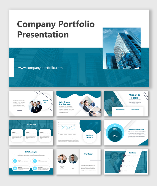 Company portfolio slides showing a modern building, company details, and business analysis section on a blue and white theme.