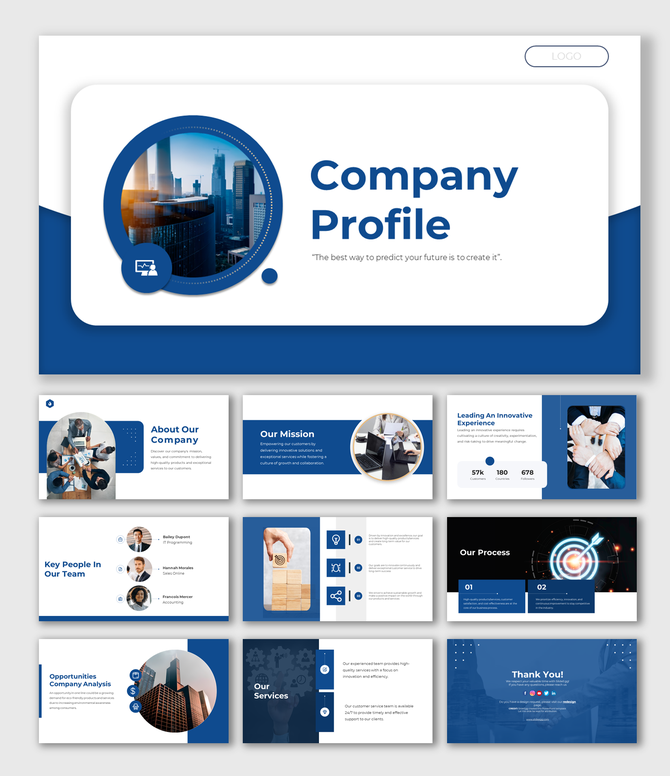 Company profile slide deck with modern blue and white theme, showcasing various layouts and visual elements.