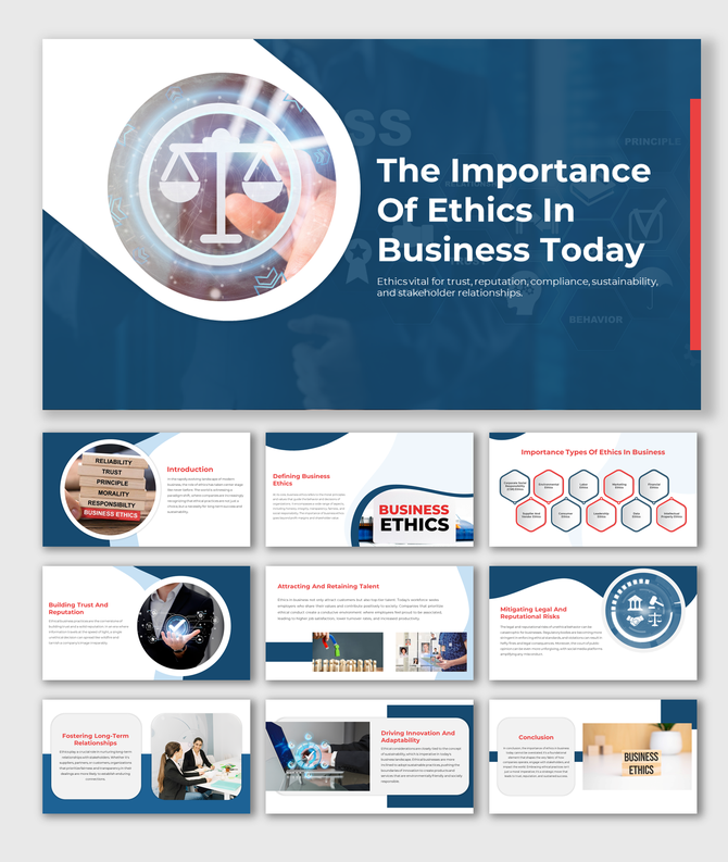 Slide deck focusing on business ethics covering topics like reputation, sustainability, and fostering long term relationship.