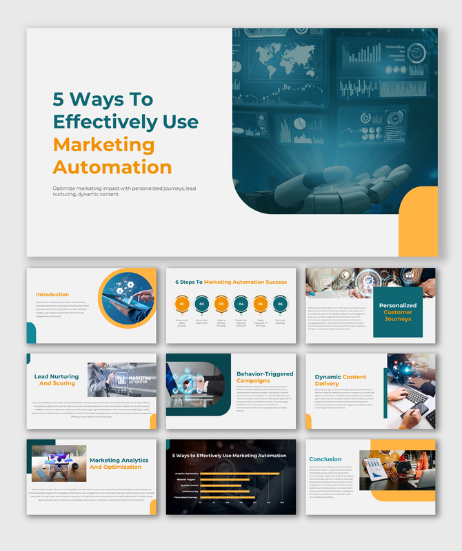 Slides illustrating effective ways to use marketing automation, including 6 steps to success, behavior triggered campaigns.