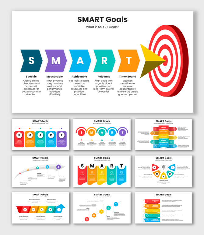 Smart Goals infographic with colorful arrows, target board graphic, and structured planning layout.