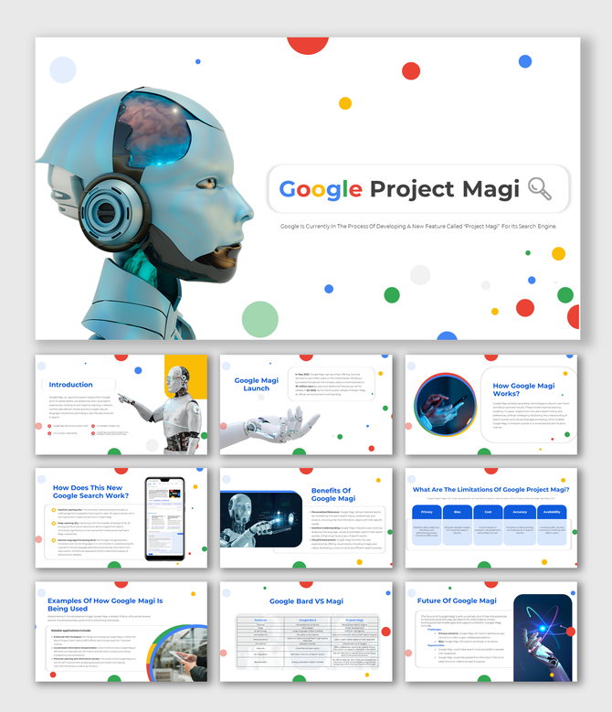 Google project magi slide deck with a high-tech robot and search bar text, decorated with colorful circles.