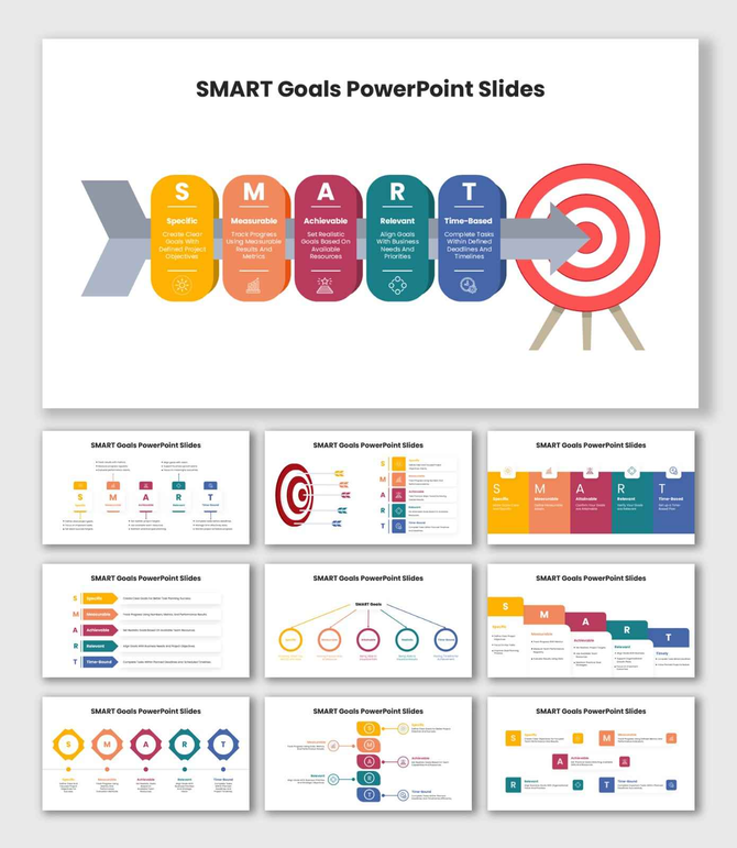 SMART Goals presentation showing colorful goal planning steps, progress tracking, and target achievement.