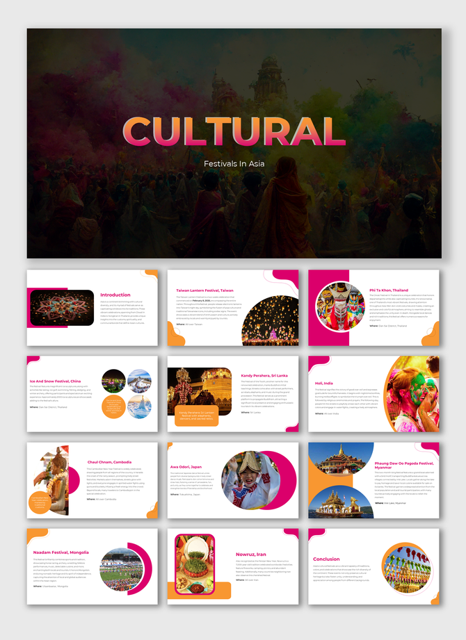 Slide deck featuring cultural festivals in Asia with images and descriptions of events in Taiwan, Thailand, and India.