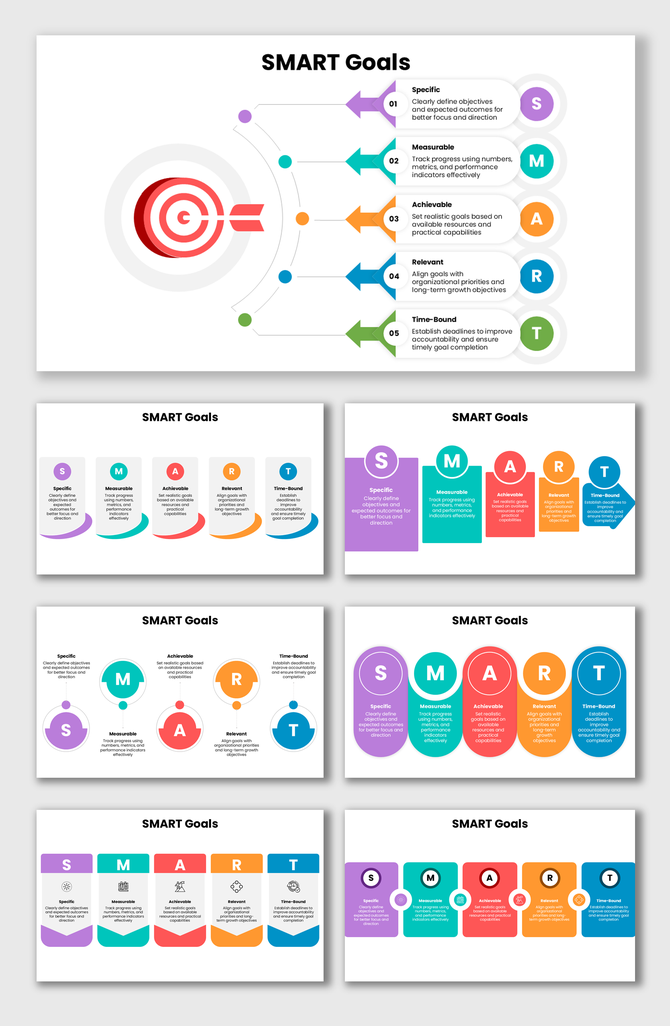 SMART Goals infographic with colorful arrows, target icon, and structured planning workflow layout.