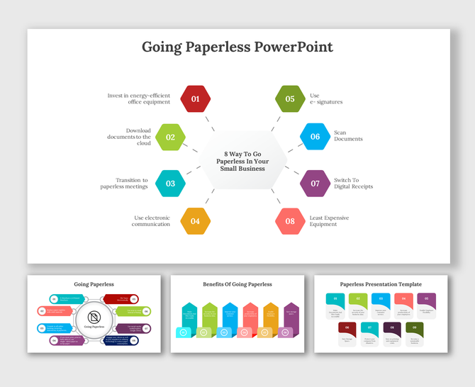 Slide deck featuring various layouts with icons and colored sections outlining paperless strategies.