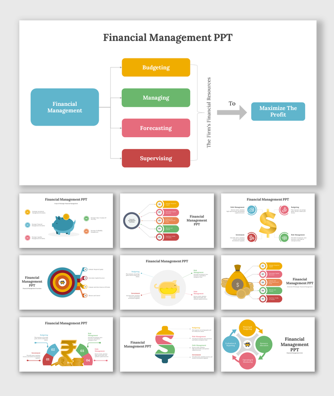 Financial management slides using colorful icons like piggy banks, dollar signs, and flowcharts to represent processes.