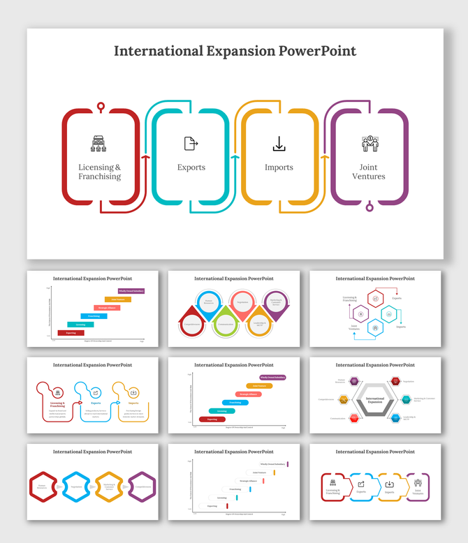 International expansion slides with icons representing four business models in colorful layout designs.