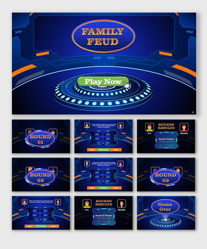 Family feud slide deck, with futuristic blue and orange design, featuring multiple rounds and answer buttons.