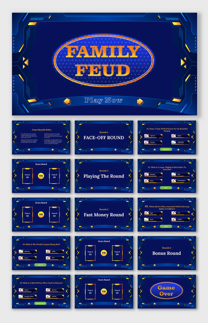 Family Feud slide deck with game rules, question and answer slides, team scoreboards, and a Game Over screen in a blue theme.
