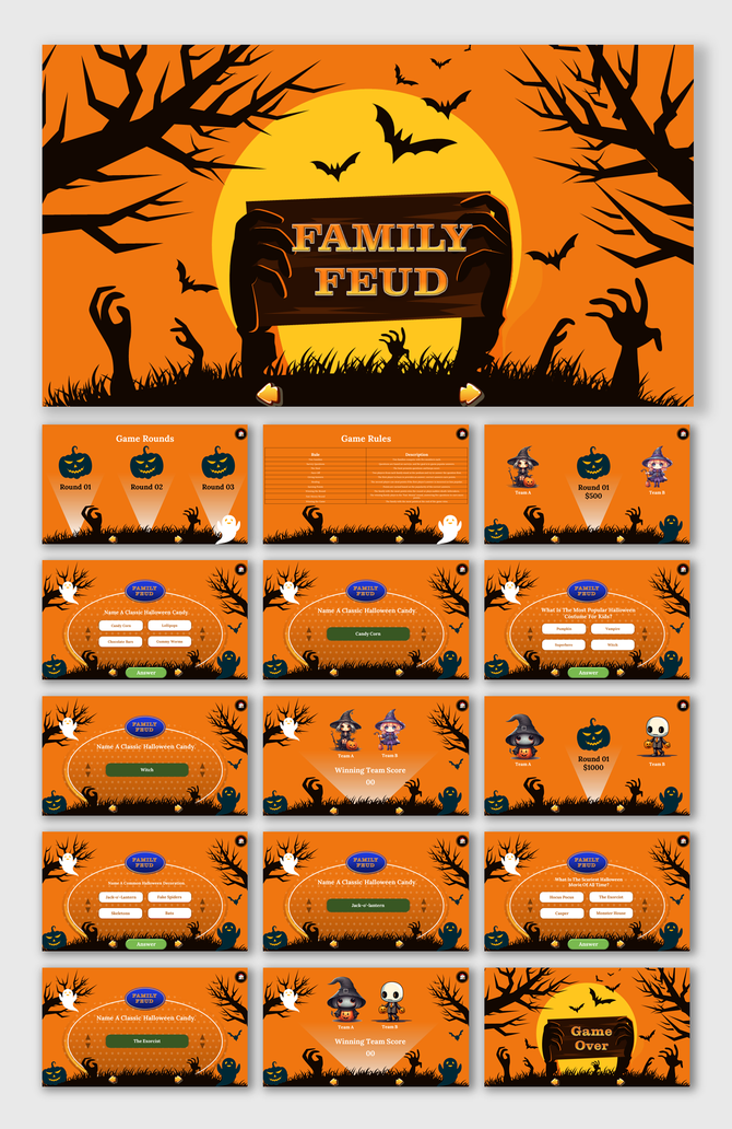 Family Feud game PPT slides with Halloween visuals, including bats, trees, and candy related questions on an orange theme.
