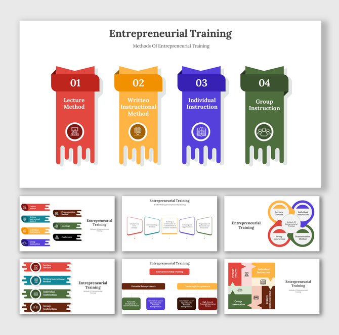 Entrepreneurial training slides featuring different colorful layout designs with icons.