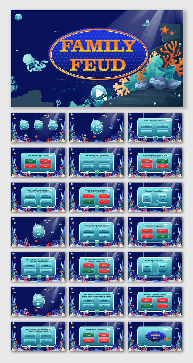 Family feud slide deck featuring underwater themed graphics with coral and fish, designed for interactive quiz rounds.