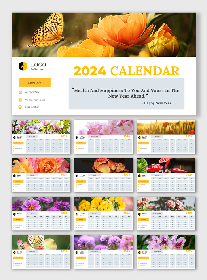 Floral themed 2024 calendar slides, each month paired with a different blooming flower image, using a modern layout.