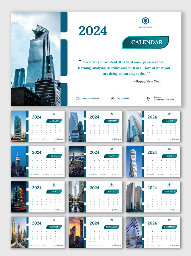 2024 slide deck showing each month alongside high rise building images, presented in a structured blue and white layout.