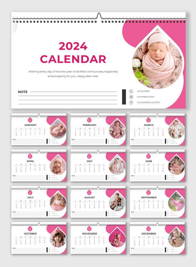 2024 calendar deck featuring pink accents and circular images of babies for each month, with space for notes on the bottom.