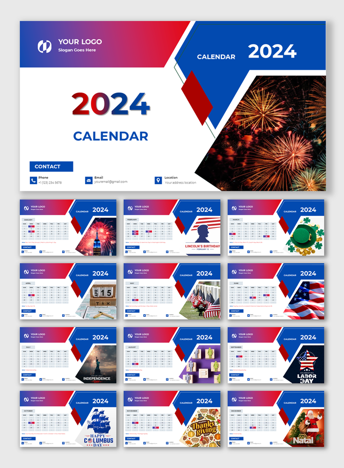 2024 calendar slides with festive designs, including holidays Lincoln's Birthday, St. Patrick's Day, and Independence Day.