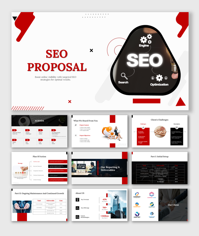 Red and black accented slide pack highlighting SEO services with charts, icons, and plans for boosting online optimization.