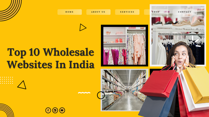 Slide deck featuring top wholesale websites in India, including images of products, shopping, and detailed descriptions.