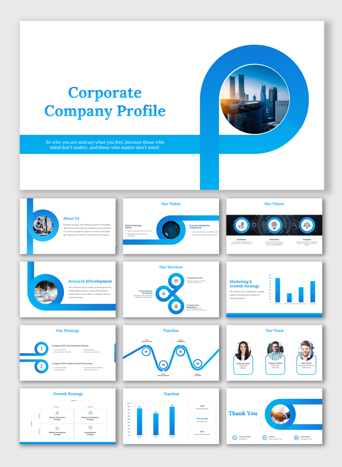 Corporate company profile template with a blue and white theme, featuring slides on vision, strategy, services, and team.