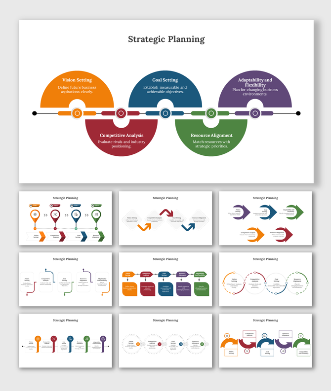 Set of slides showcasing strategic planning stages with colorful, curved arrows and text boxes on a white background.
