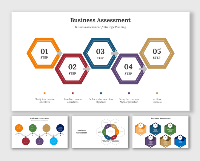 Business assessment slides with five colorful layout steps for clarifying objectives to aligning operations.