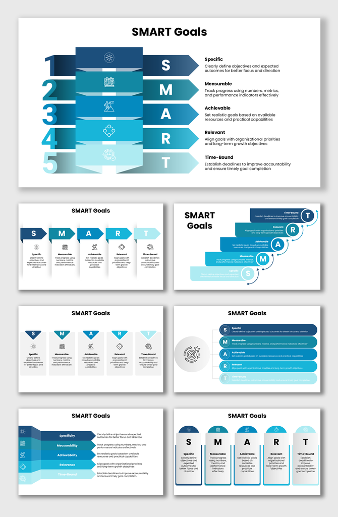 SMART Goals infographic with blue gradient arrows, numbered steps, and strategic planning layout.