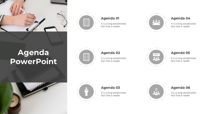 PowerPoint slide with icons for each agenda item such as a checklist, presentation, and team meeting with placeholder text.