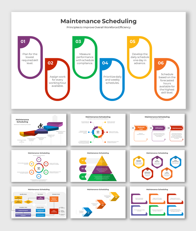 Maintenance scheduling with timeline, hexagonal elements, and multi-colored arrows focusing on work assignment and planning.