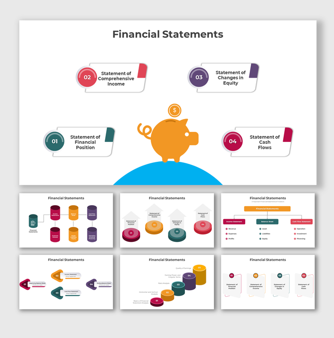 Slide deck for financial statements using vibrant visuals, clear categories, and an orange piggy bank graphic.