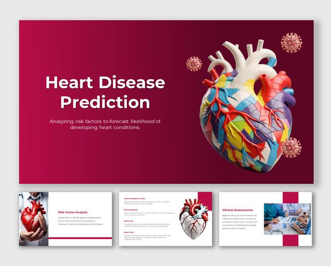 Red themed slide deck with abstract heart design, focusing on risk factors and various medical evaluation techniques.