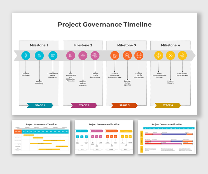 Project governance PowerPoint slides with four stages in different colorful layout designs and icons with text descriptions.