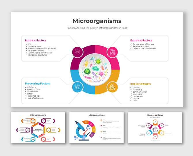 Slides with color coded sections and icons, exploring the growth factors of microorganisms, including pH, and temperature.