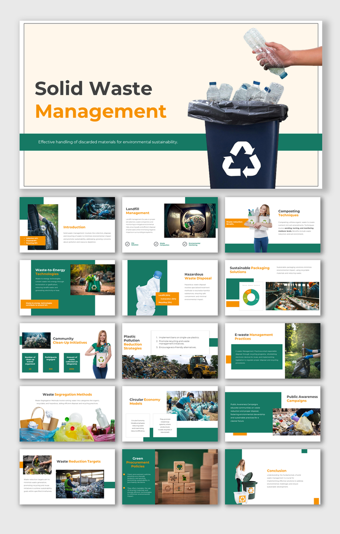 Solid waste management PPT slides cover various topics in different layouts with images and descriptions on a green theme.