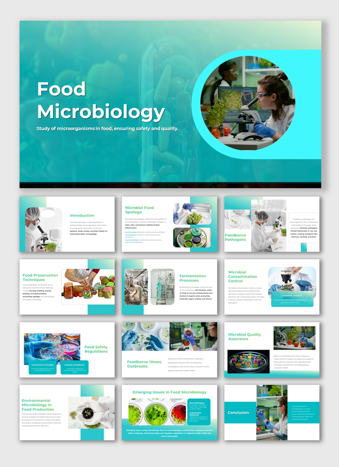 Food microbiology slide deck with teal backgrounds, covering microbial food spoilage, pathogens, and safety regulations.