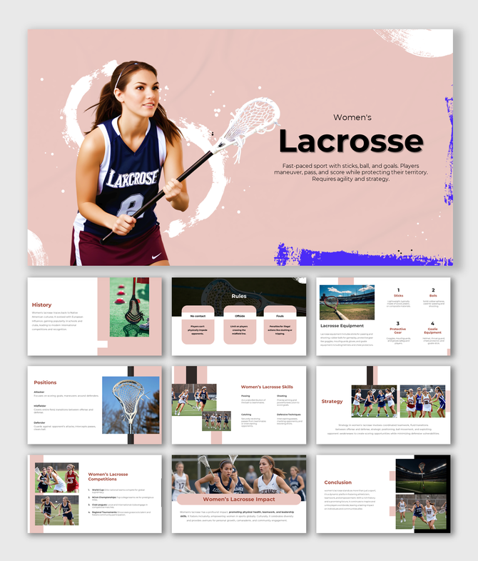 Slide deck featuring a woman playing lacrosse, holding a stick, with placeholder text over a textured background.