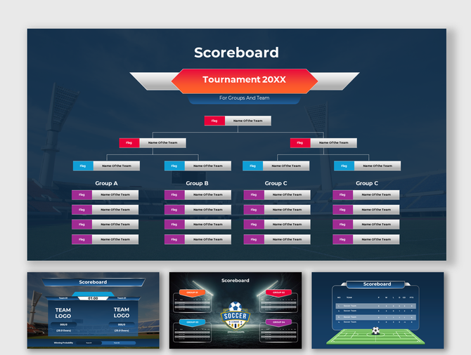 Slide deck featuring tournament scoreboard with dark blue background, showing team matchups, flags, and group stages.