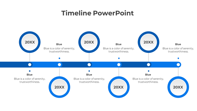 Minimalist timeline featuring five blue circular nodes along a thick blue horizontal bar, with text descriptions. 